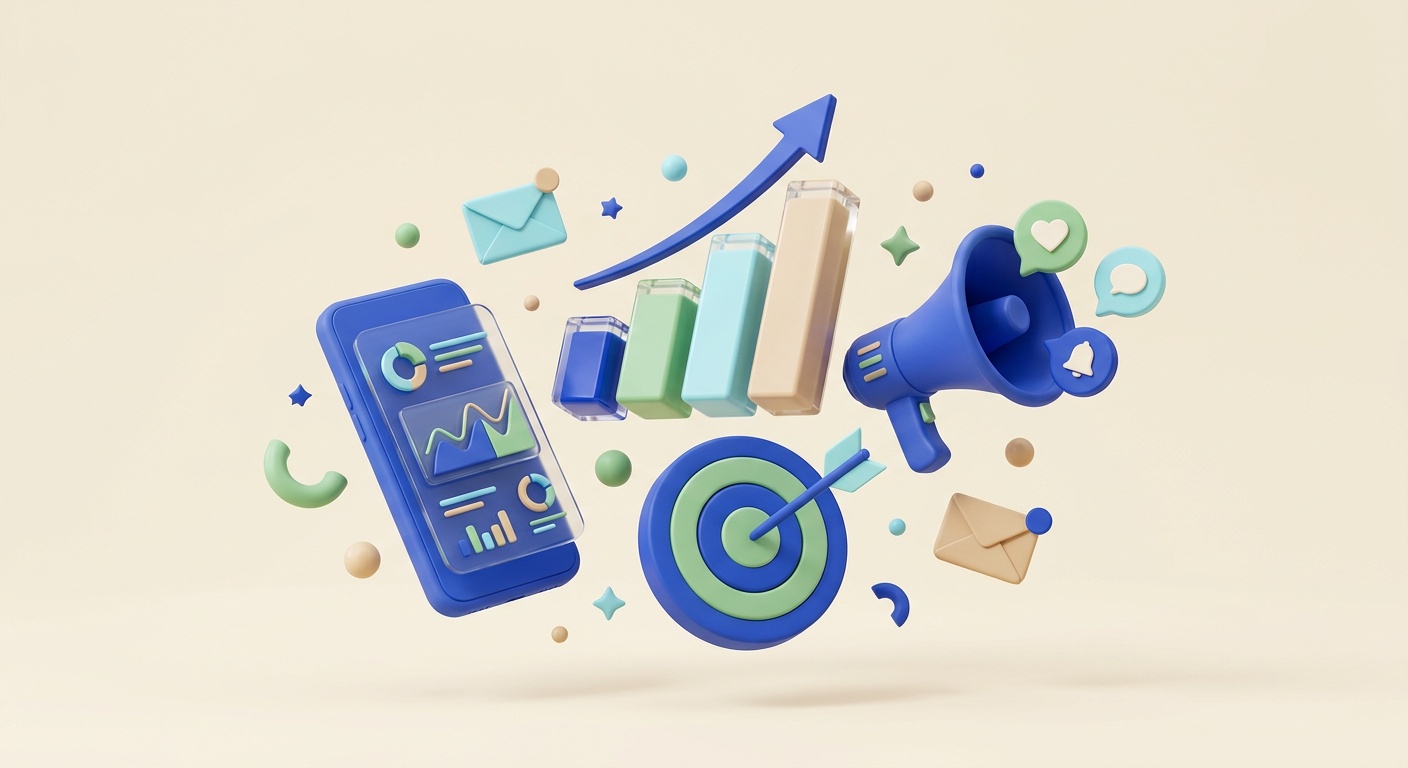 Premium 3D illustration of digital marketing growth — charts, megaphone and social icons